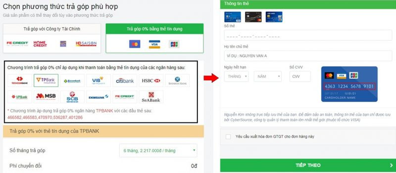 Trả góp bằng thẻ tín dụng trên Nguyenkim.com