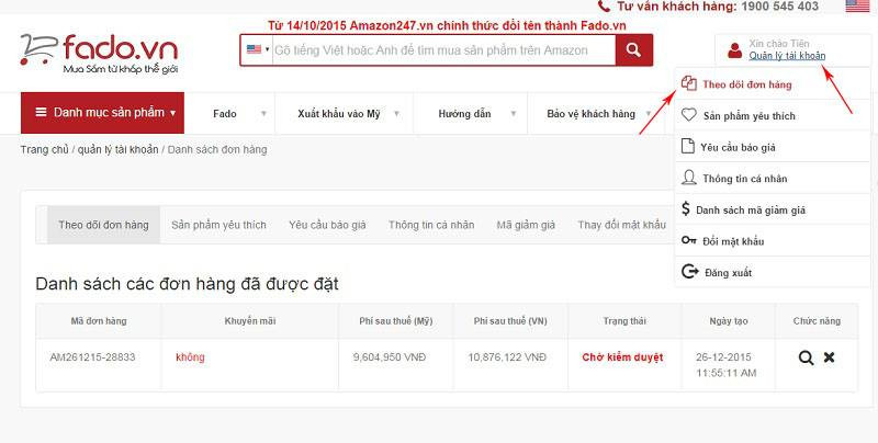 Trạng thái đơn hàng Fado