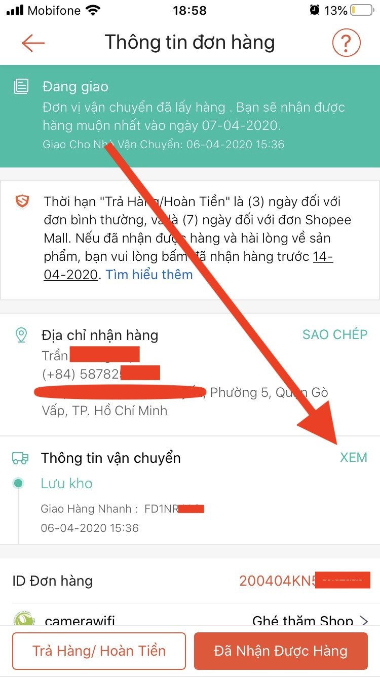 Xem chi tiết đơn hàng Shopee đang giao trên ứng dụng